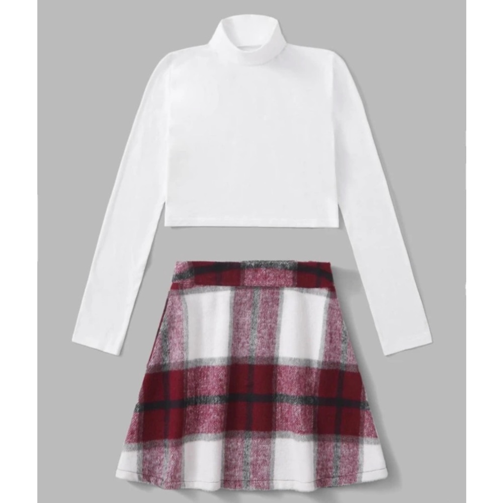 Romwe Turtleneck Tee & Plaid Print Skirt